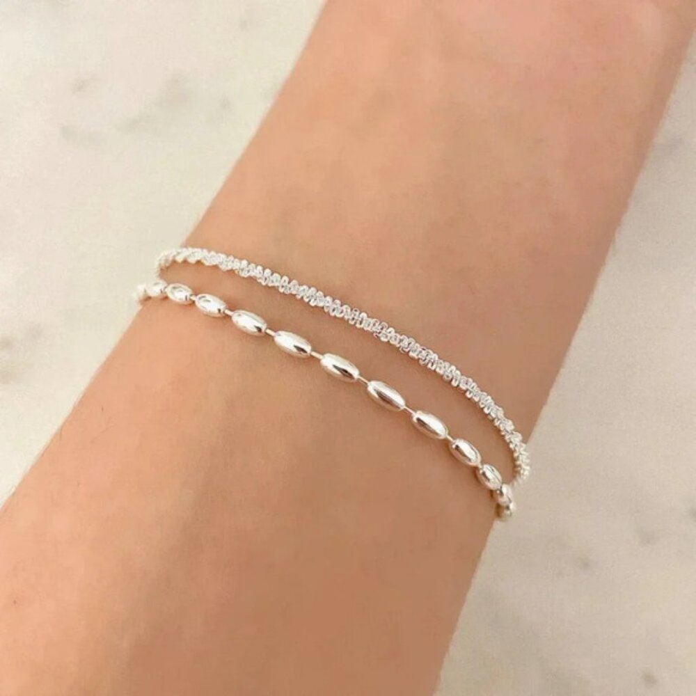 Sterling Silver Double Chain Layer Bracelet Shiny Sequin Dainty Chain Bracelet
